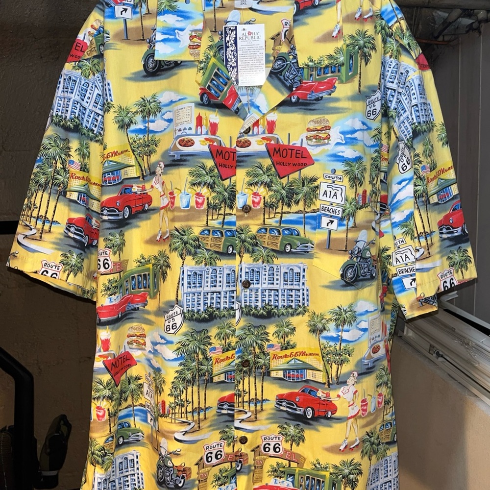 Vtg ALOHA REPUBLIC Hawaiian 50’s Travel Route 66 Button Down Shirt  Sz 2XL NWT
